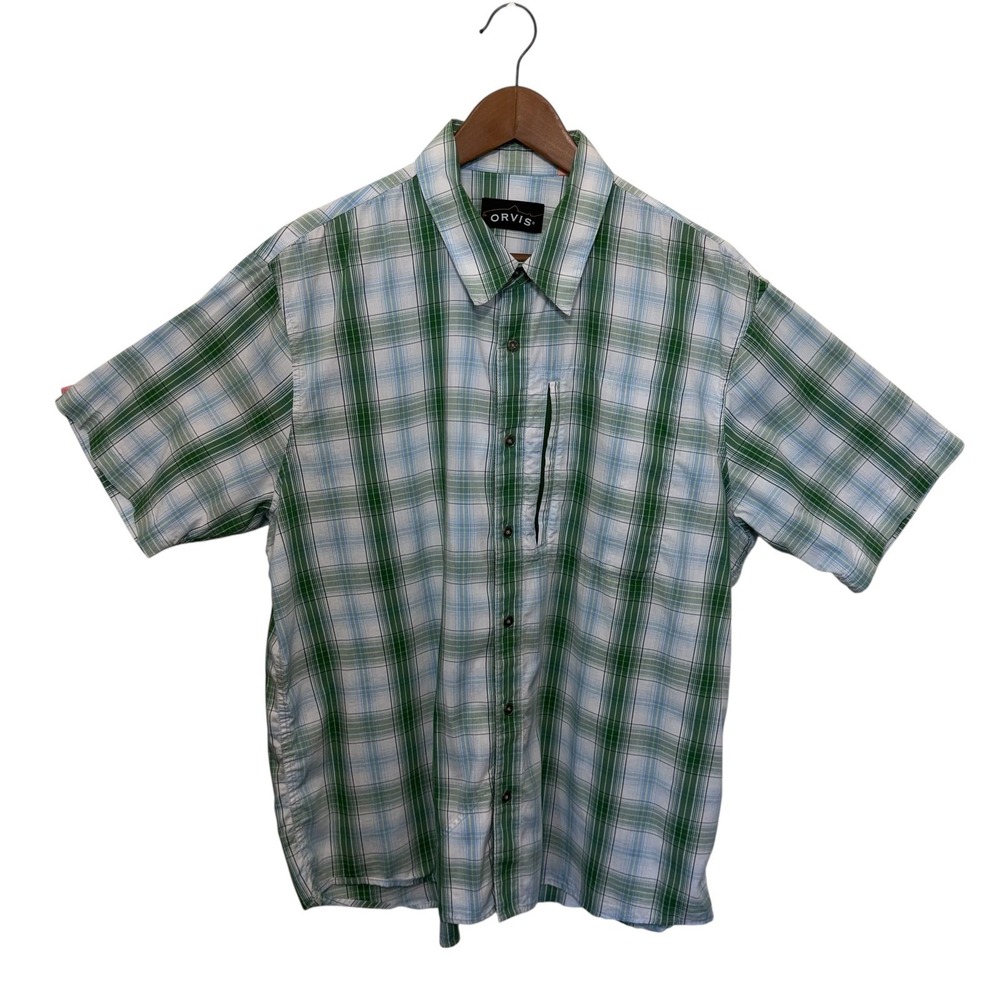 Orvis Mens Green Plaid Short Sleeve Button Down Fishing Hiking Shirt XL